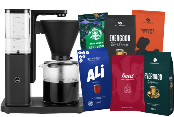 Produkter: En Wilfa kaffetrakter, Starbucks nespresso pose, Evergood dark roast pose, farmers coffee pose, Ali orginal pose, Firele pose og Evergood Espresso pose